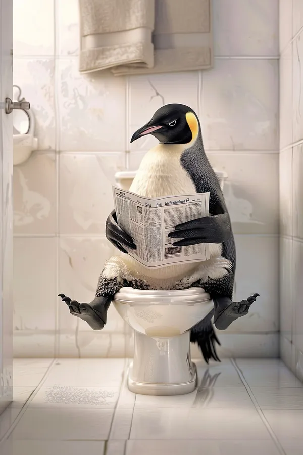 Penguin Sitting on the Toilet Reading Newspaper Art Print