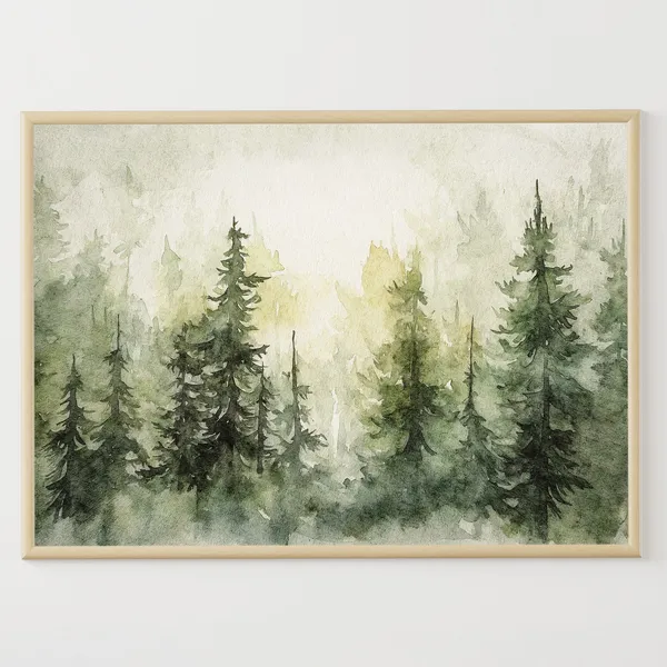 Pine Forest Watercolor Art Print, Rustic Evergreen