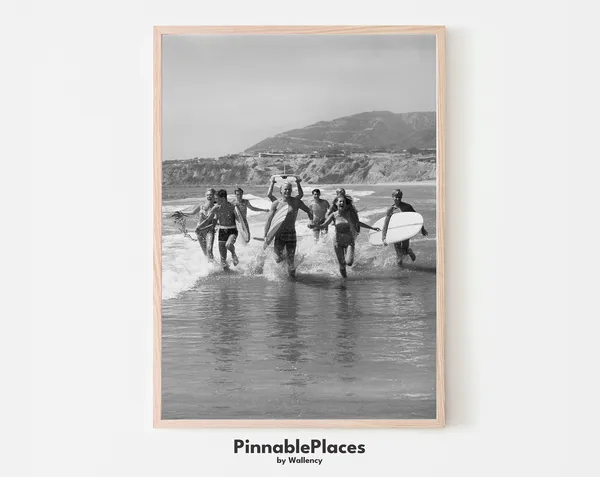 Vintage Surfers Black And White Photo Beach Art Print