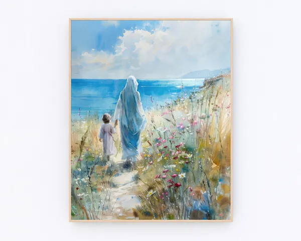 Mother Mary and Jesus Beach Poster, Christian Prayer