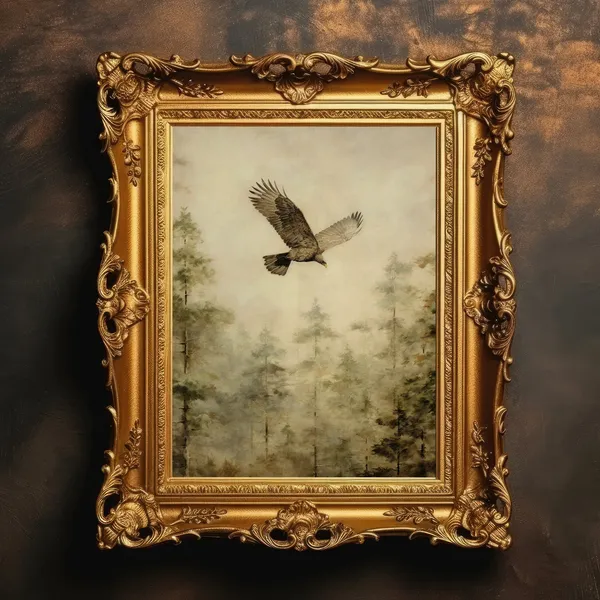Eagle In Flight Wildlife Art Print, Rustic Misty Forest