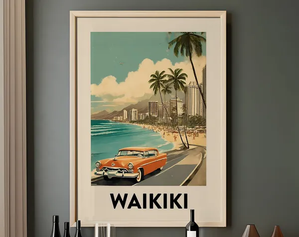 Waikiki Hawaii Retro Travel Poster, Mid-Century Art Print