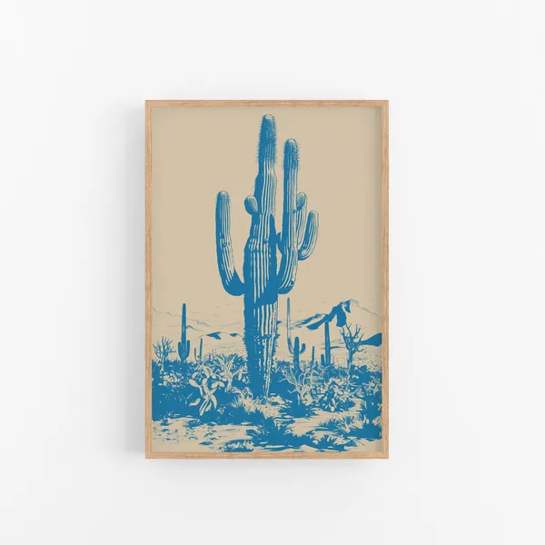 Blue Saguaro Cactus Retro Southwest Art Print