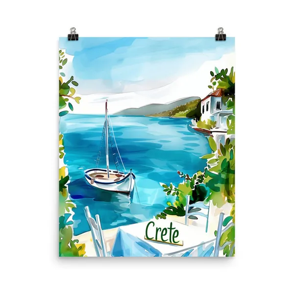 Crete Watercolor Travel Poster, Greek Island View