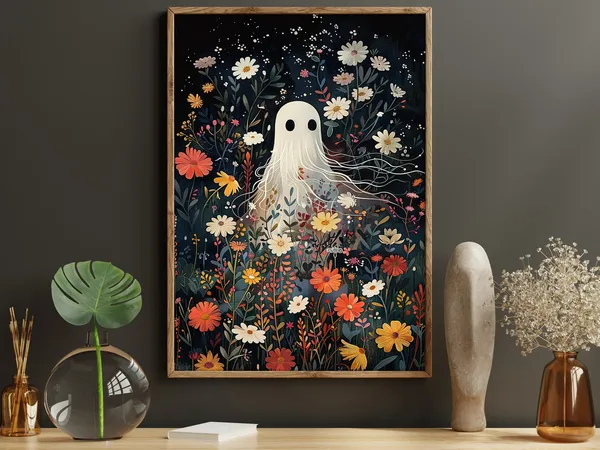 Vintage Ghost in Flowers Garden, Halloween Art Print