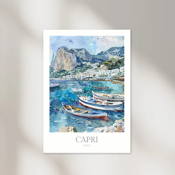 Capri Italy Watercolor Travel Poster, Campania