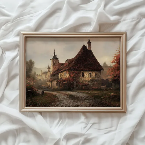 Fall Landscape Print, Rustic Autumn Cottage Art Print