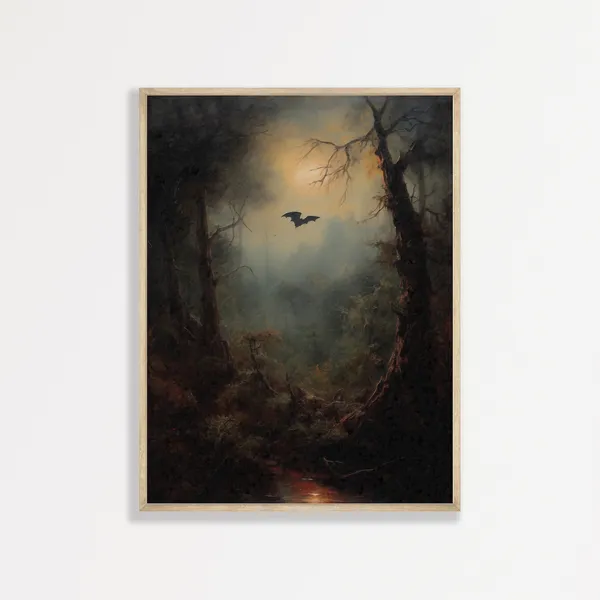 Forest Bat Vintage Nature Landscape, Dark Academia Art Print