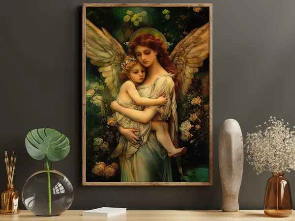 Mother Angel and Daughter Painting, Faith Poster Print