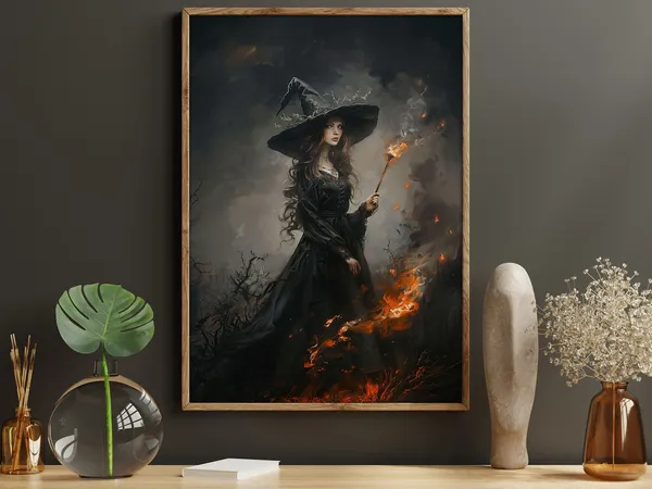 Dark Young Fire Witch, Magical Halloween Poster Print