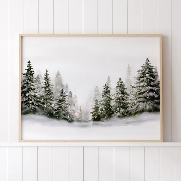Winter Pine Forest Art Print, Watercolor Farmhouse Decor