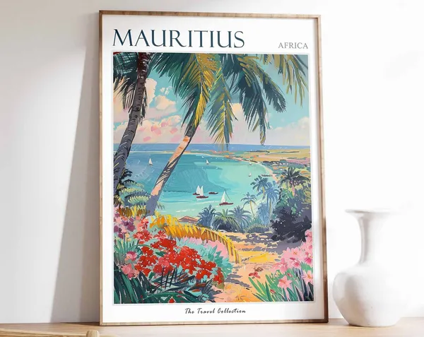 Mauritius Travel Poster, Tropical Botanical Coastal Decor