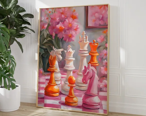 Pink Chess Art Print, Trendy Bedroom Decor
