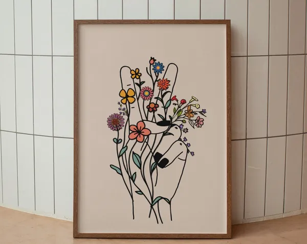 Peace Hand Retro Flower Art Print, Hippie Decor