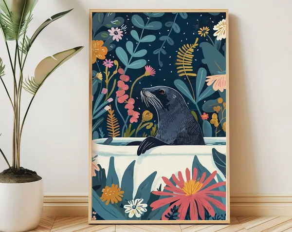 Seal Art Print, Boho Jungle Bathroom Decor