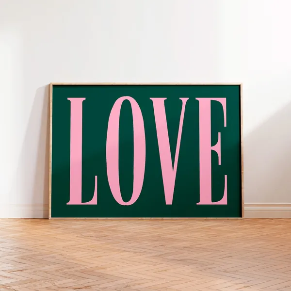 Love Typography Art Print, Pink Landscape Quote Poster