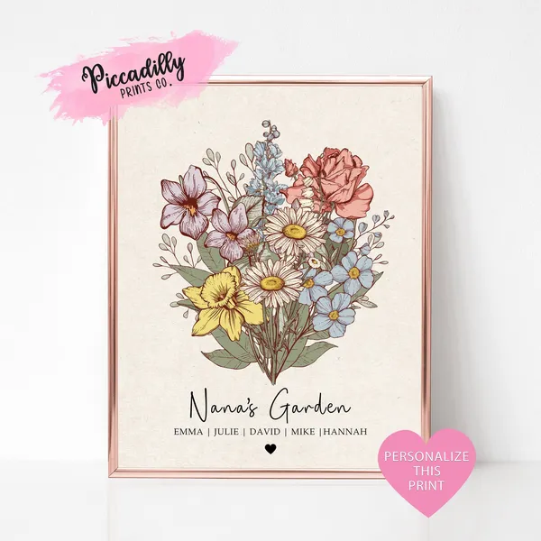 Custom Birth Flower Bouquet, Botanical Art Print