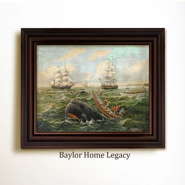 Vintage Whaling Scene Art Print, Nautical Oil Painting