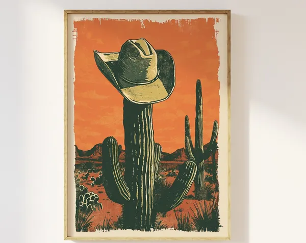 Cactus And Cowboy Hat Retro Western Art Print
