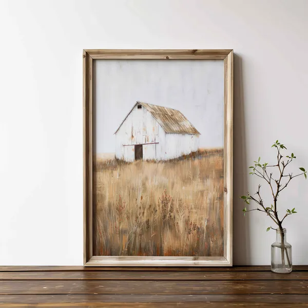 White Barn Art Print, Modern Farmhouse Landscape