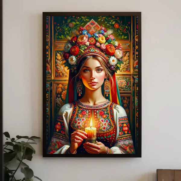 Ukrainian Girl Holding Candle, Oil-Painting Style Art Print