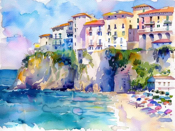 Calabria Tropea Beach Watercolor Art Print, Italy