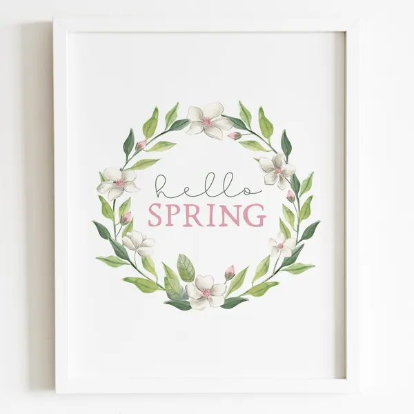 Hello Spring Floral Wreath Art Print, Seasonal Decor