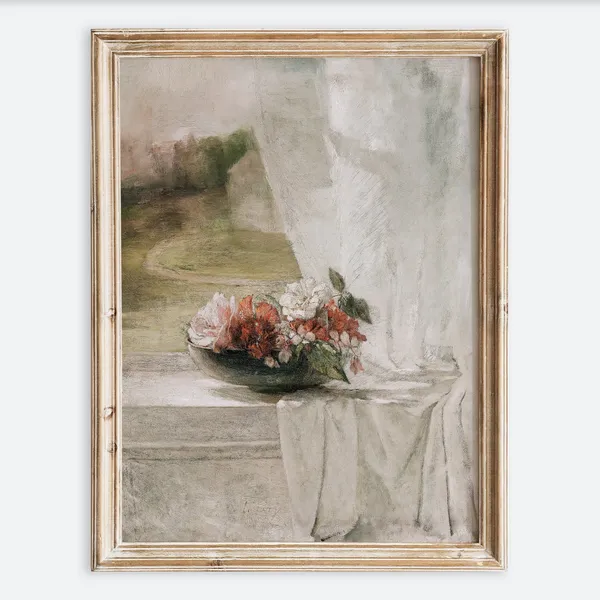 European Vintage Flowers in Vase, Rustic Art Print