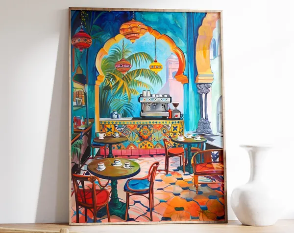 Indian Cafe Art Print, Folk Art Kitchen Decor