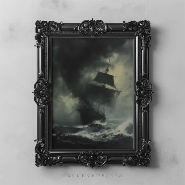 Vintage Ship Sea Waves Painting, Moody Nautical Art Print