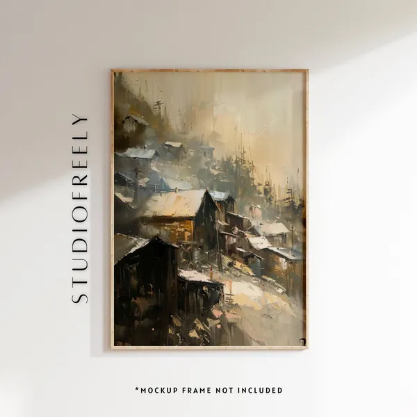 Rustic Mountain Village Art Print, Moody Landscape