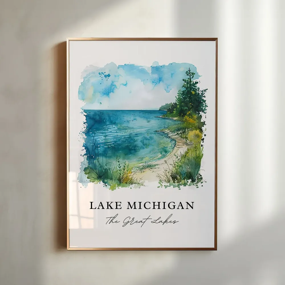 Lake Michigan Watercolor Travel Poster, Great Lakes