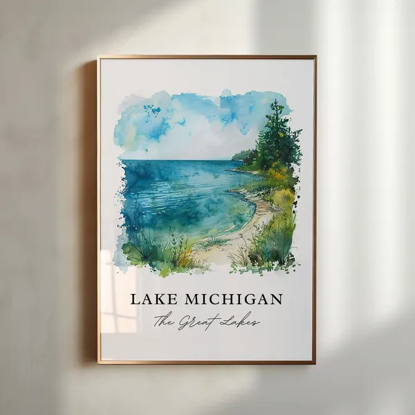 Lake Michigan Watercolor Travel Poster, Great Lakes