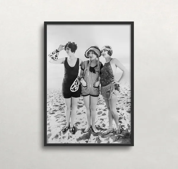 Women At Beach Vintage Black And White Art Print