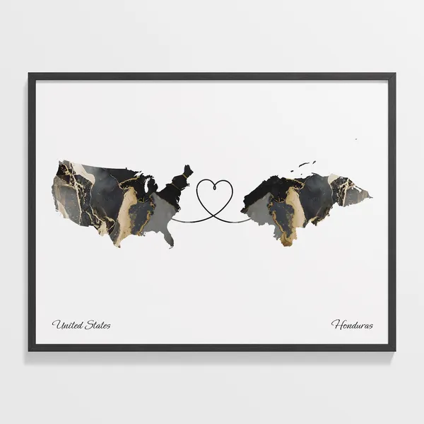USA to Honduras Map Poster, Two Countries Travel Art