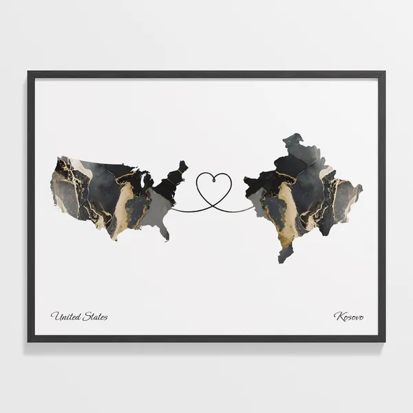 USA to Kosovo Map Poster, Kosovar Gift Travel Art