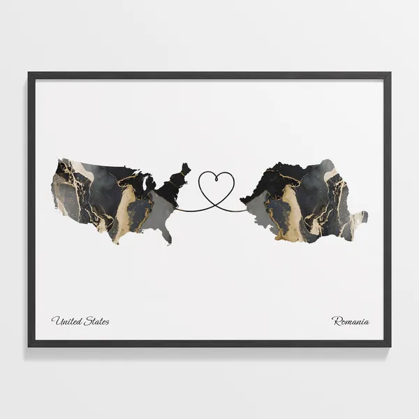 USA To Romania Map Poster, Travel Wall Print