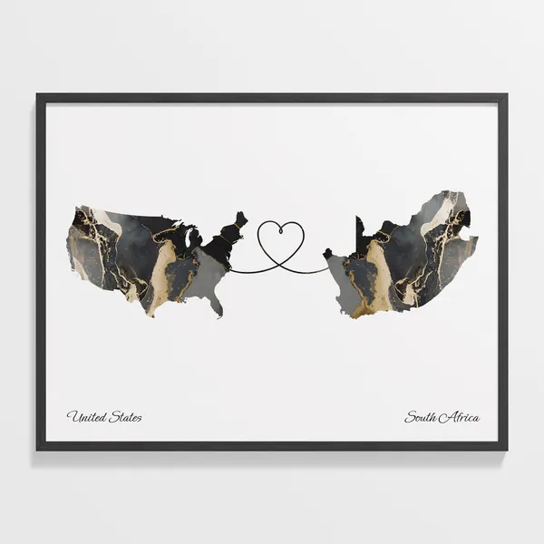 USA to South Africa Map Poster, Marble Travel Print