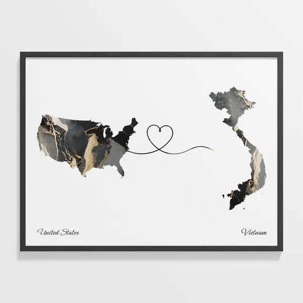 USA to Vietnam Countries Map Poster, Travel Art Print