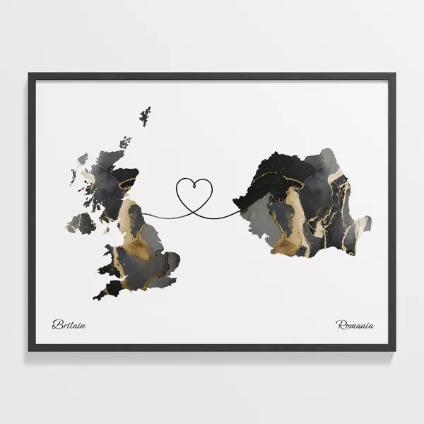 Britain to Romania Map Poster, Travel Route Print