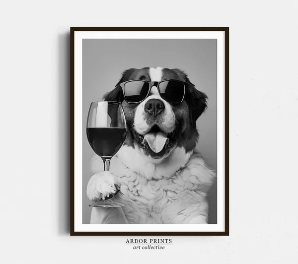 St Bernard And Wine Black And White Art Print