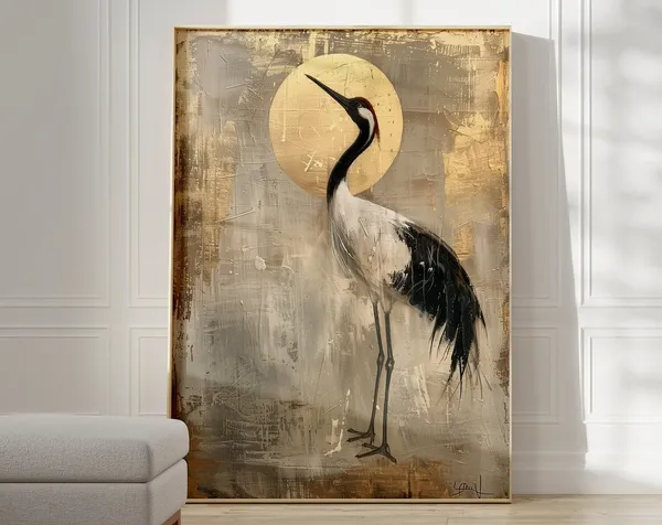 Japandi Crane Painting, Modern Japanese Art Print