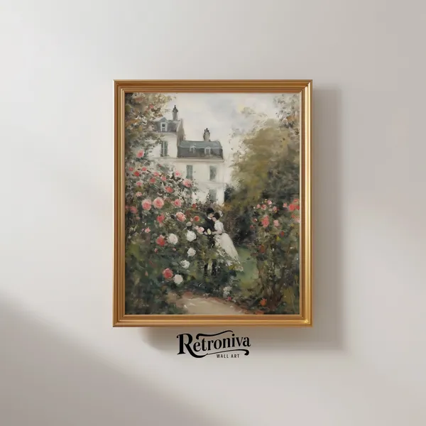 Vintage Cottage Rose Garden Oil Painting Art Print