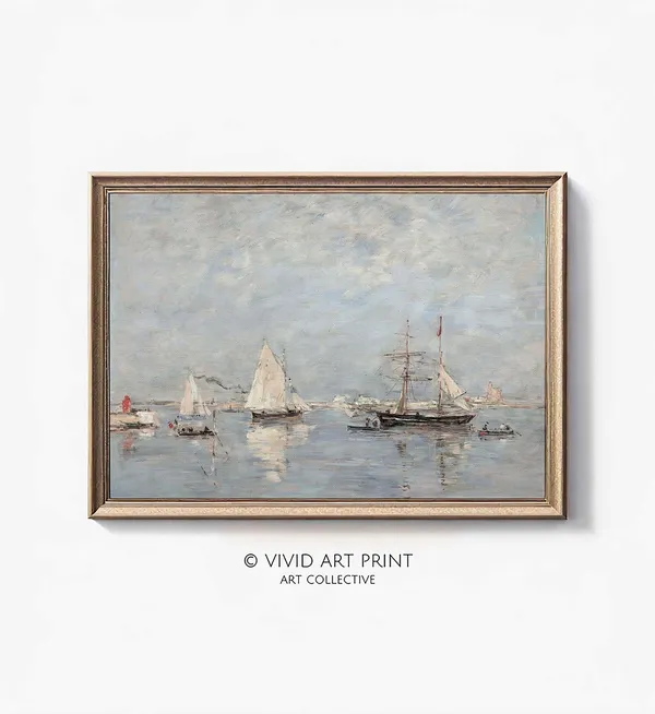 Vintage Impressionist Boats at Harbor Art Print