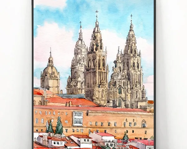 Camino De Santiago Watercolor Painting, Travel Poster