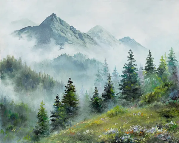 Misty Mountains Pine Trees Art Print, Washington Wilderness