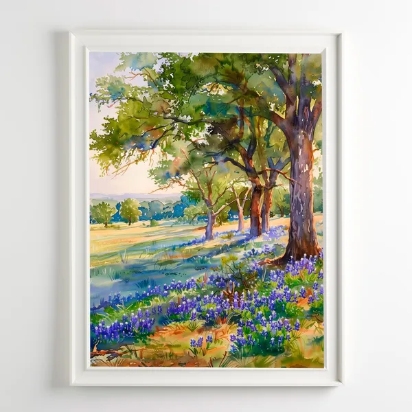 Texas Bluebonnet Watercolor Landscape Art Print
