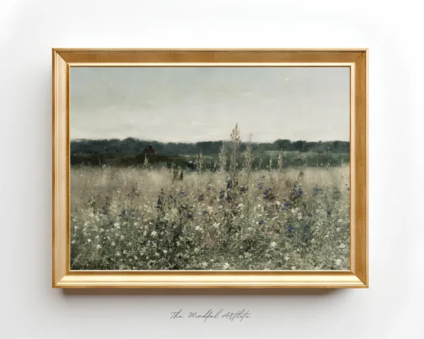 Vintage Meadow Landscape, Wildflower Field Art Print