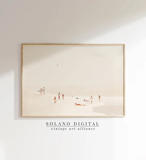 Minimal Beach Art Print, Vintage Bathroom Decor
