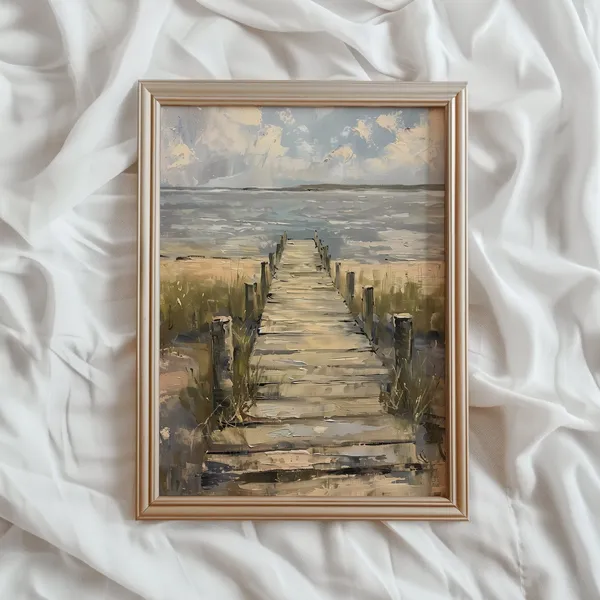 Summer Lake Dock Vintage Art Print, Rustic Cottage